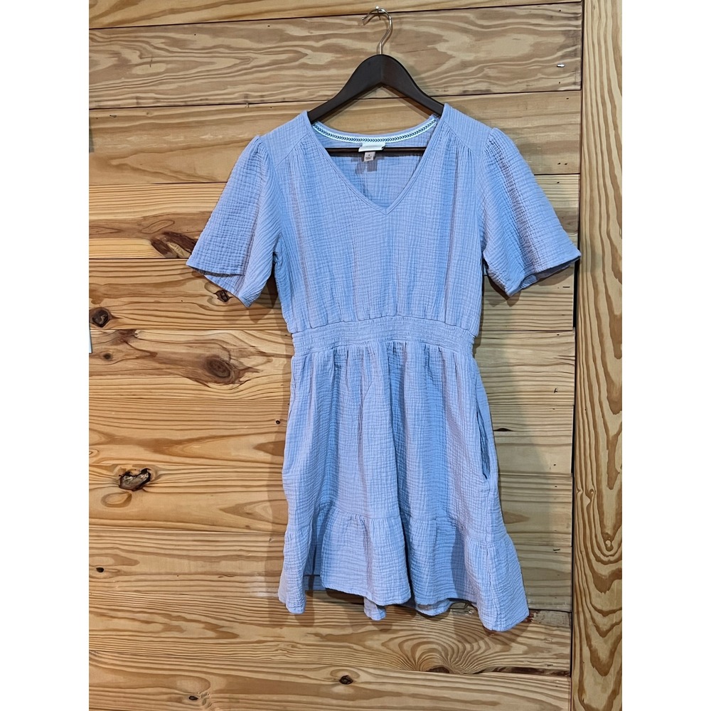 Knox Rose Dress Womens Small Blue Cotton V-Neck Pockets Flutter Sleeve Boho